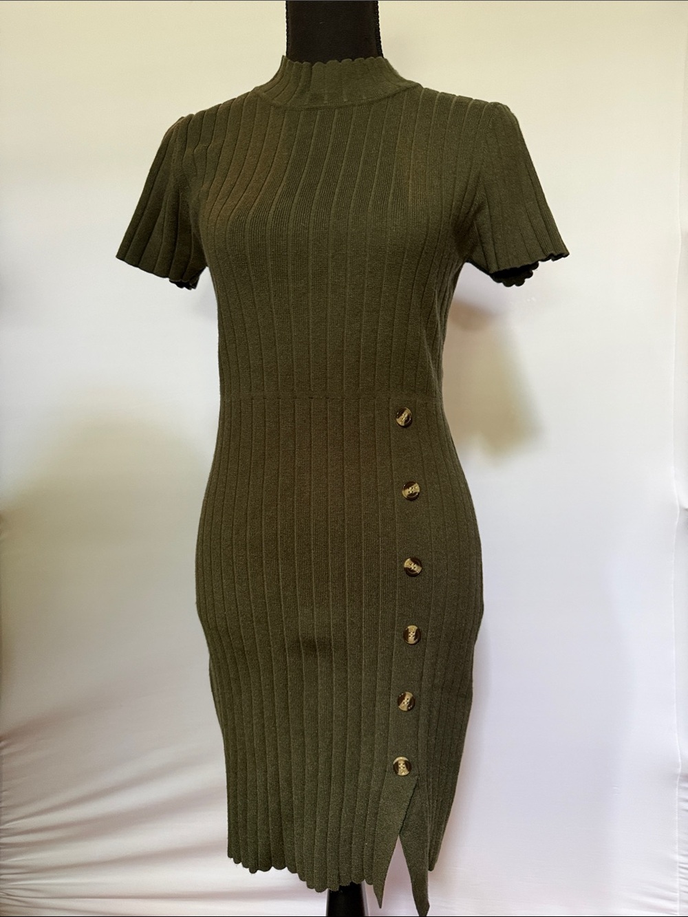 Fitted Olive Knit Midi Dress with Side Button Detail